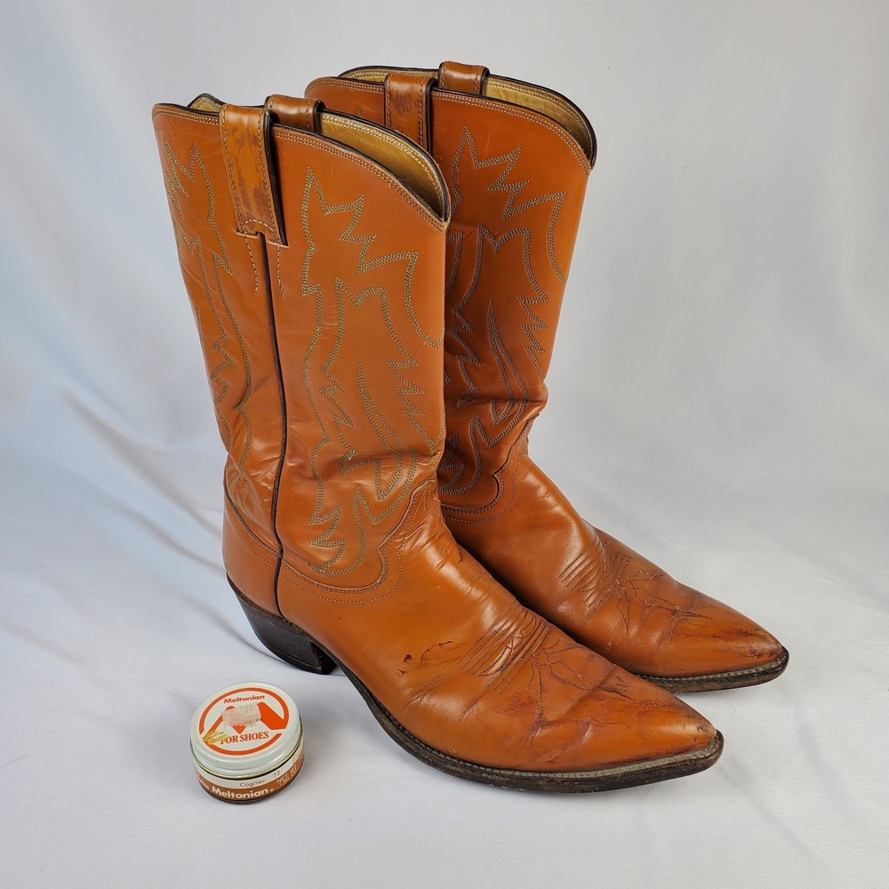 Justin VTG Brown Leather Cowboy Western Boots Style 1569 Men's Size 11B w/ Cream